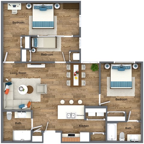 Floor plan for 3 beds, 2 baths, 1200 sqft